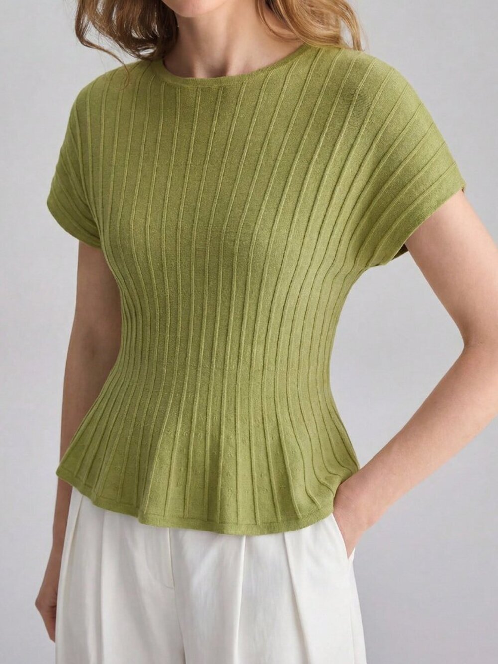 Green Casual Women's Knitted Short Sleeve Sweater